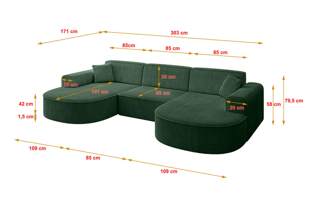 WOHNLANDSCHAFT MARI-U1 - 303x171x79 cm Grün Cord - Schwarz/Grün, Holzwerkstoff/Kunststoff (303/79/171cm) - ALTDECOR