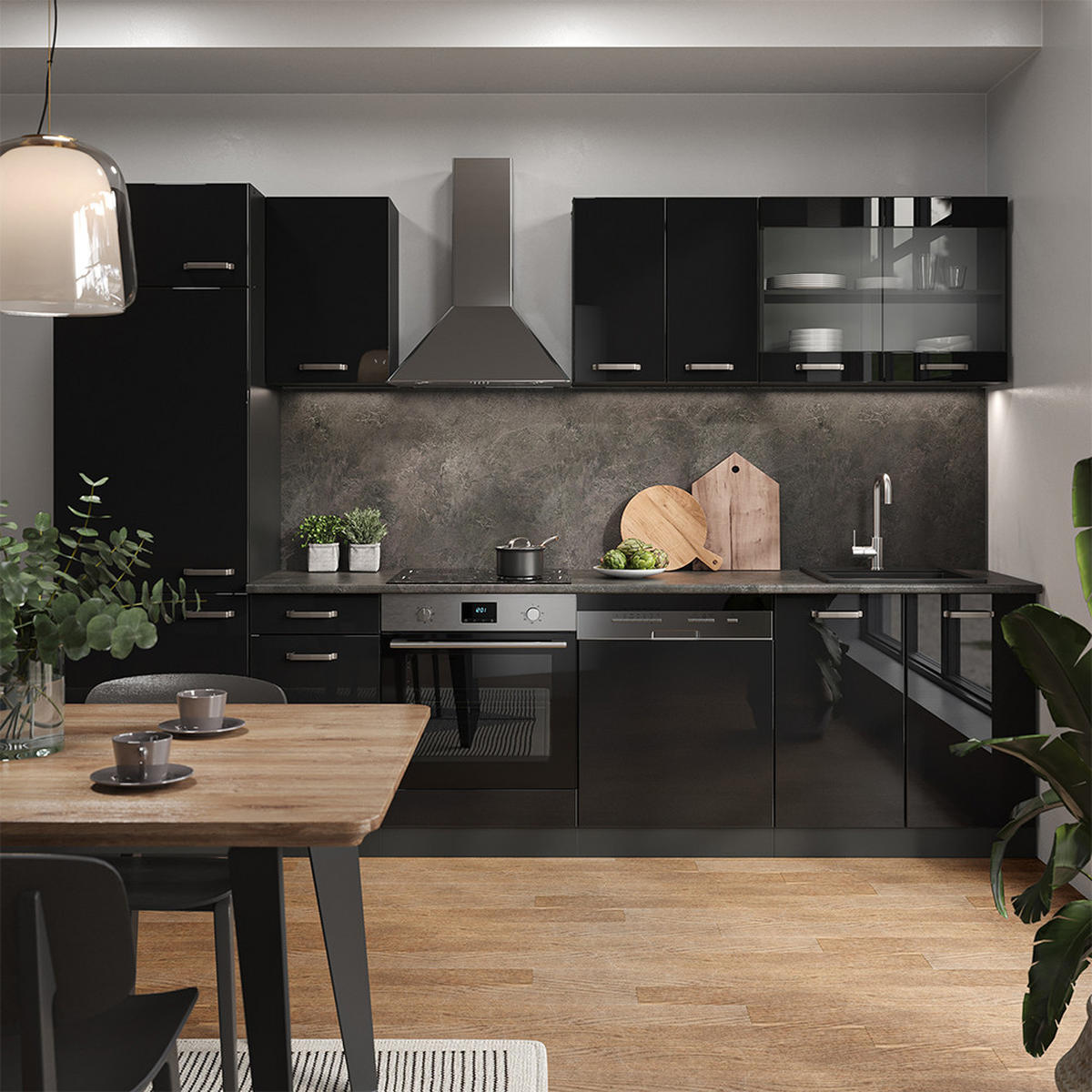 KÜCHE R-Line Schwarz Hochglanz/Anthrazit 300 cm, AP Marmor - Schwarz Hochglanz/Anthrazit, Holzwerkstoff (300/81.6/60cm) - Vicco