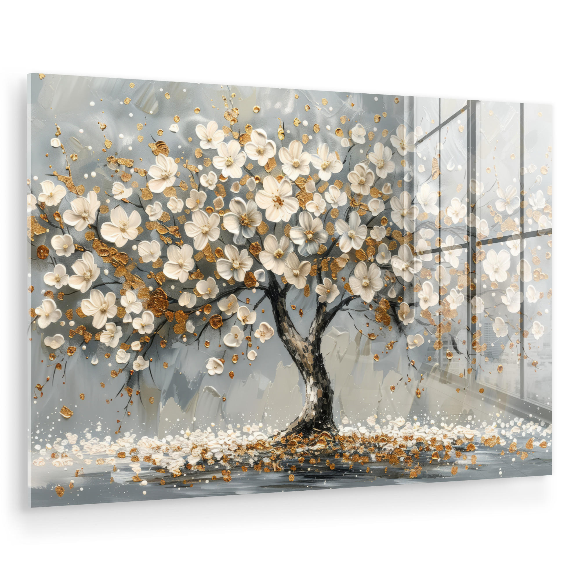 MuchoWow OBRAZ NA AKRYLOVÉM SKLE Strom - Květiny - Bílá - Příroda - Umění 90x60 cm