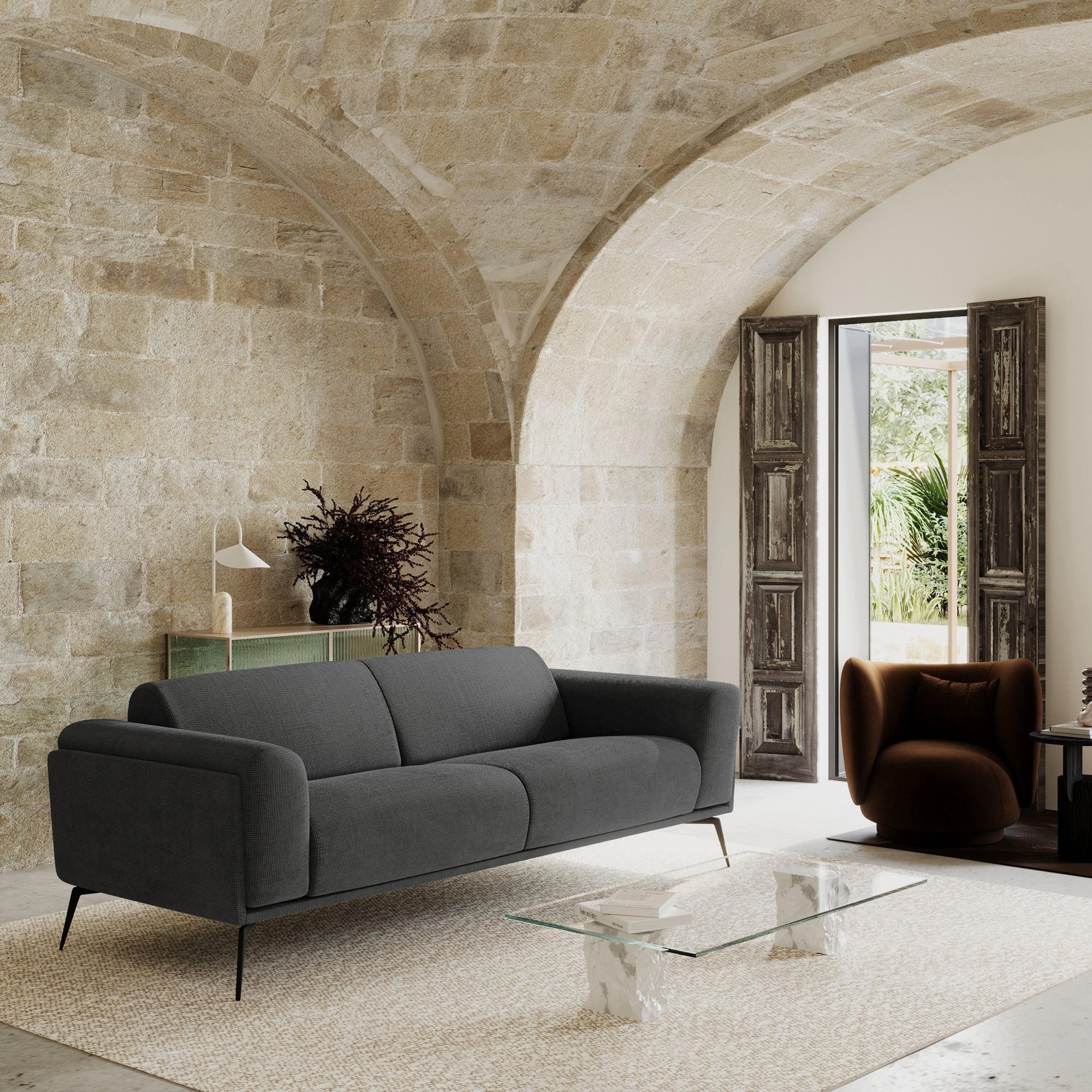 SOFA 3-SITZER Rastergewebe Anthrazitgrau 220cm - Dunkelgrau/Anthrazit, Textil (220/74/90cm) - Sia Home