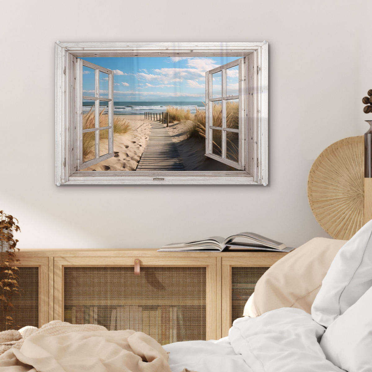 ACRYLGLASBILD Fenster - Meer - Küste - Natur - Ausblick - Strand - Wattenmeer 60x40 cm - Beige, Glas (60/40cm) - MuchoWow