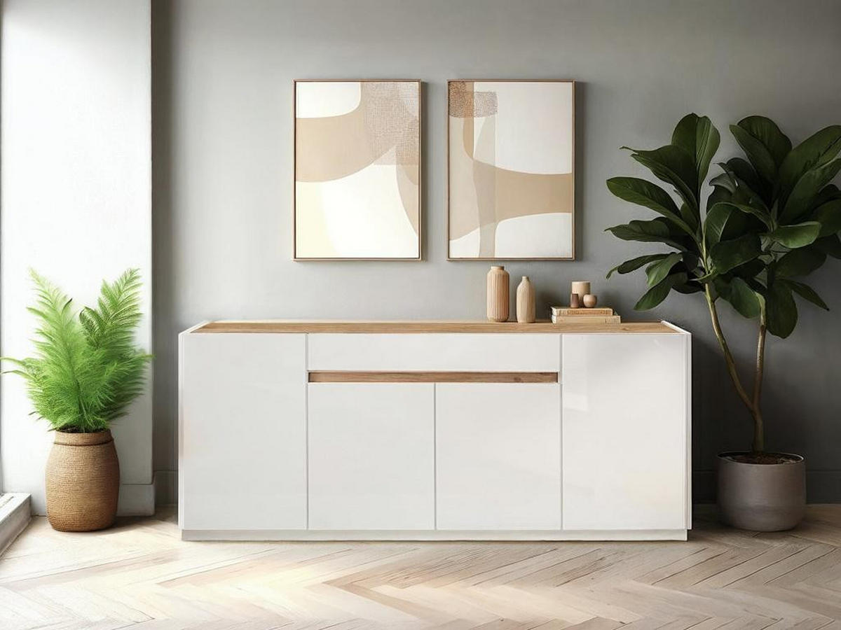 SIDEBOARD mit 4 Türen & 1 Schublade - Weiß & Holzfarben - EMORA - Naturfarben, Holz (40/87/205cm) - Vente-Unique