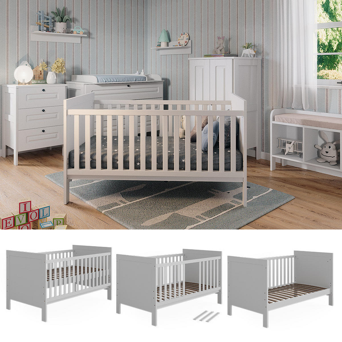 BABYBETT Ajaton Weiß 144.4 x 83 cm - Weiß, Holzwerkstoff (70/140cm) - VitaliSpa