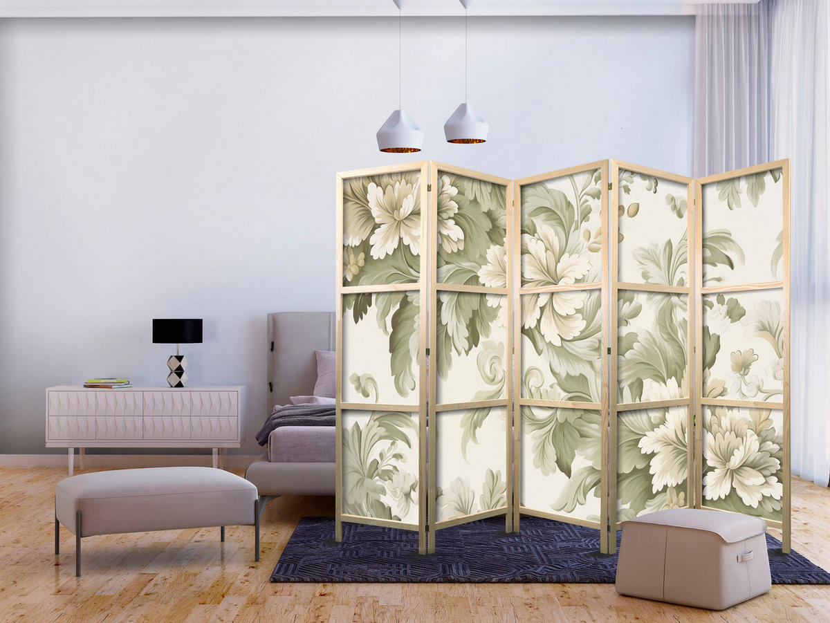 PARAVENT Japanischer 5-tlg 225x172 cm Vintage Pflanzen - Beige, Holz/Textil (225/172/3cm) - Muralo