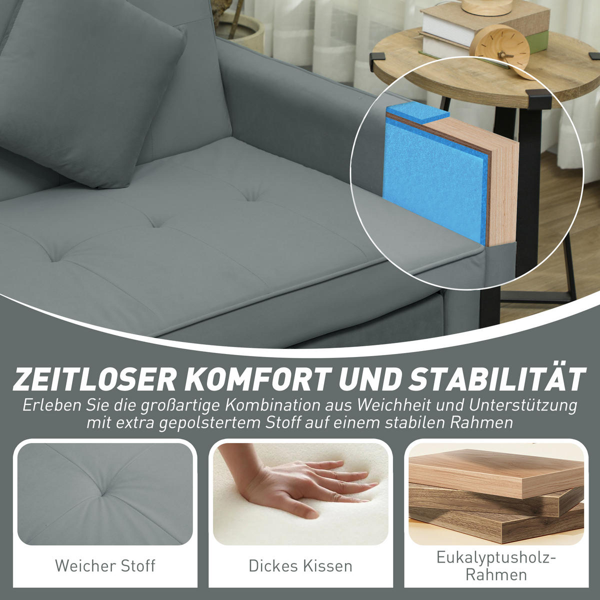 SOFABETT, 3-Sitzer-Couch, Schlafsofa mit ausziehbarem Bett, Grau - Grau, Textil (90/89/196cm) - HOMCOM