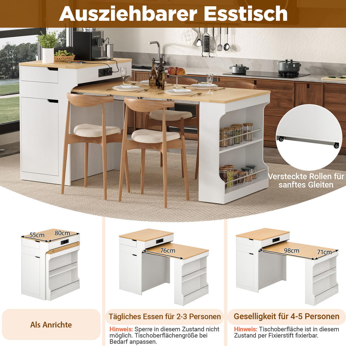 KÜCHENINSEL ausziehbar 55-153/80/93 cm DE-39575 Weiß - Weiß, Holzwerkstoff (80/93/56.2cm) - ComfortXL