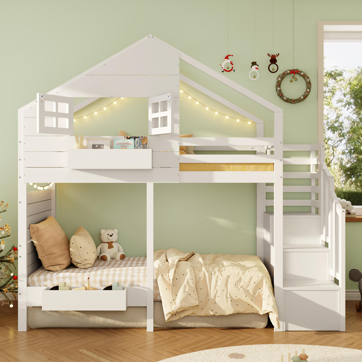 HAUSBETT 90/200 cm in Weiß mit Stauraumtreppe und Hausdesign - Weiß, Holzwerkstoff (90/200cm) - BEAOK