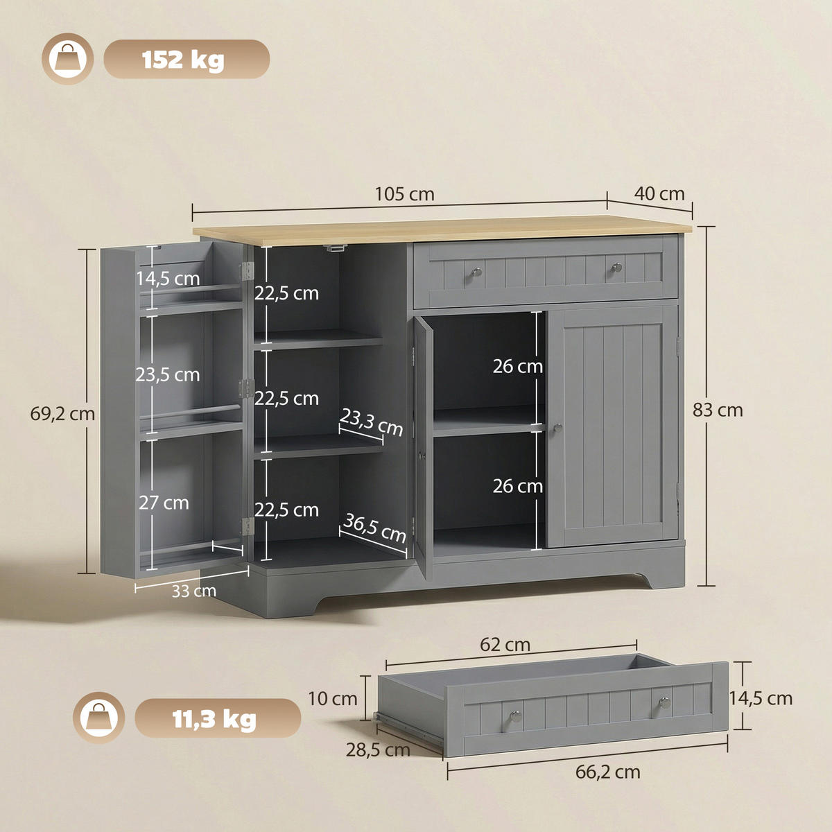 SIDEBOARD DE-11323 3 Türen & Schublade mit verstellbarem Boden Grau - Grau, Holzwerkstoff (105/83/40cm) - ComfortXL