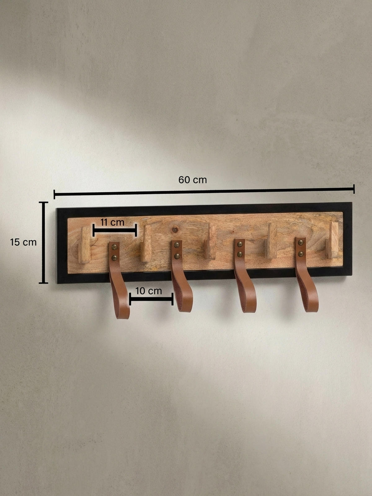 WANDGARDEROBE Mango Massivholz Echtleder Modern 60x15x6 cm mit Schlaufen - Braun, Leder (60/15/6cm) - KADIMA DESIGN