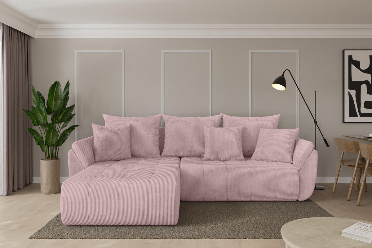 ROHOVÁ SEDAČKA s funkcí spaní, otoman vlevo TOKO-L 277x194x86 růžová manšestr - růžová/černá, kompozitní dřevo/textil (277/194cm) - ALTDECOR