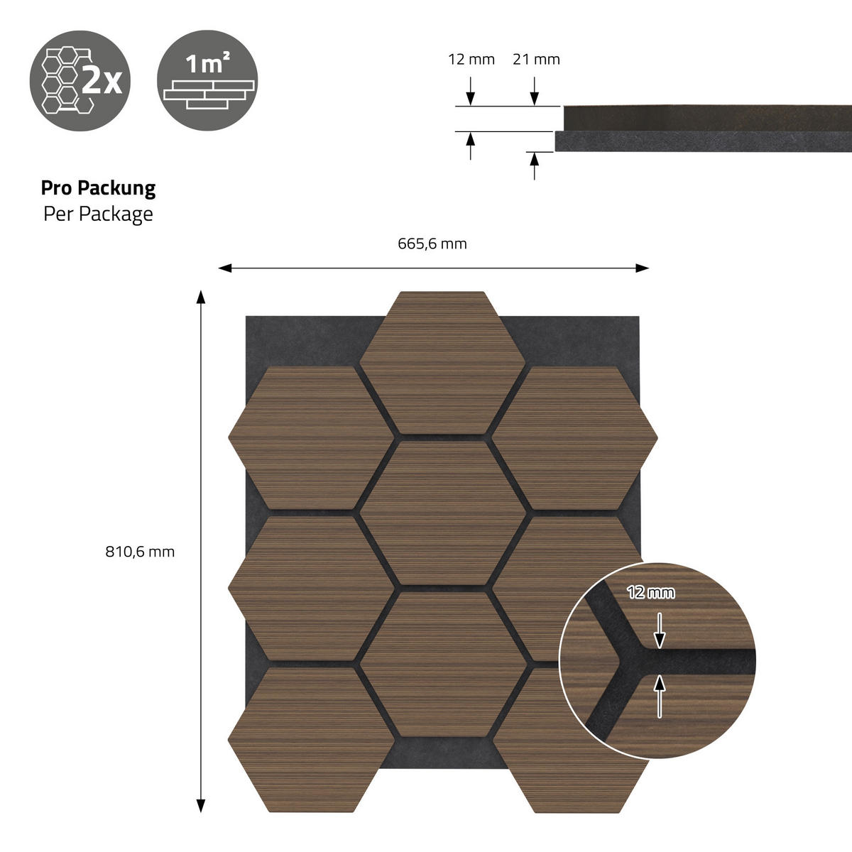 AKUSTIKPANEEL Echtholz 2er Set Braun Hexagon - Braun, Holzwerkstoff (2.1/81.1/66.6cm) - ML-DESIGN