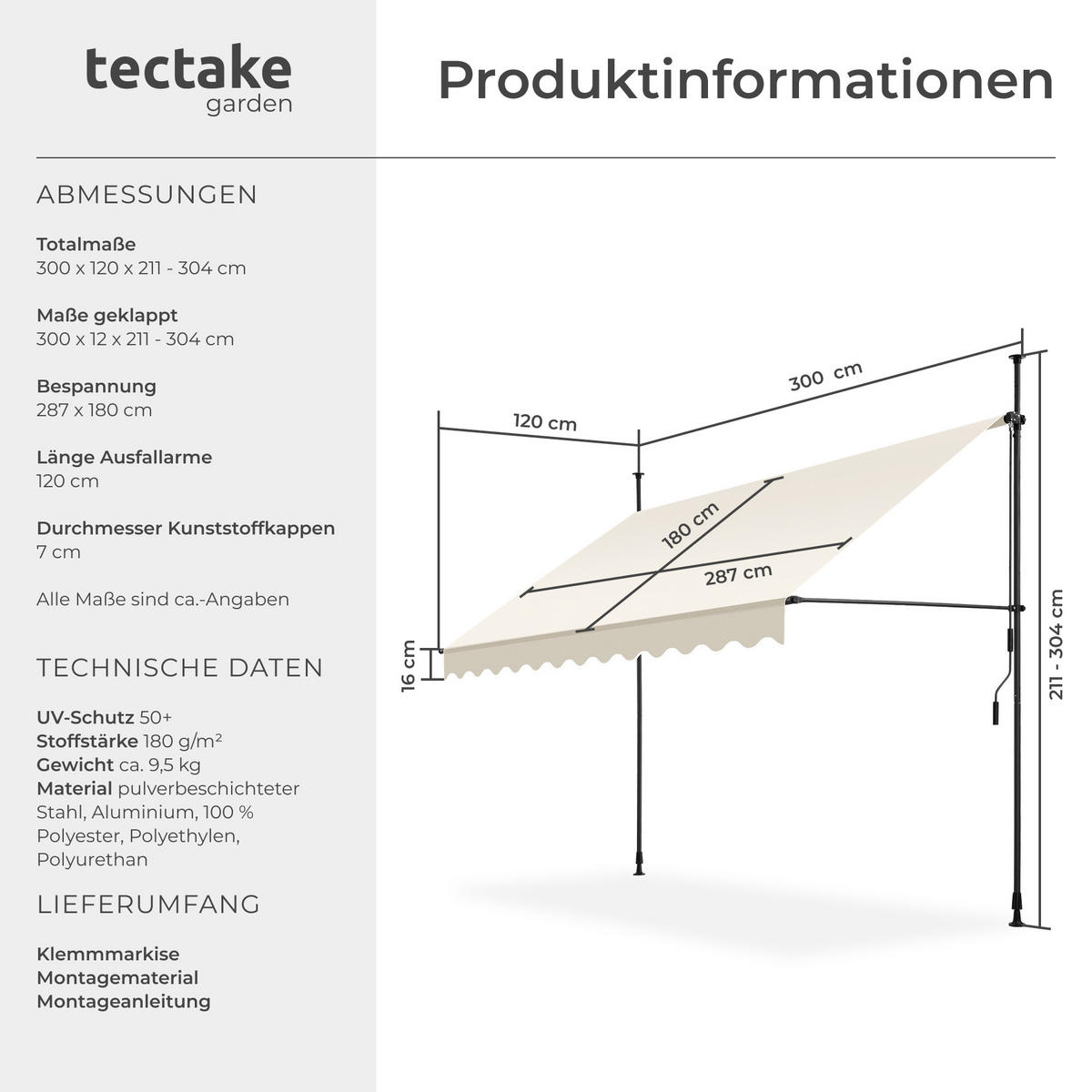 KLEMMMARKISE ,einfache Montage,beige - Beige, Kunststoff (300/304/180cm) - tectake