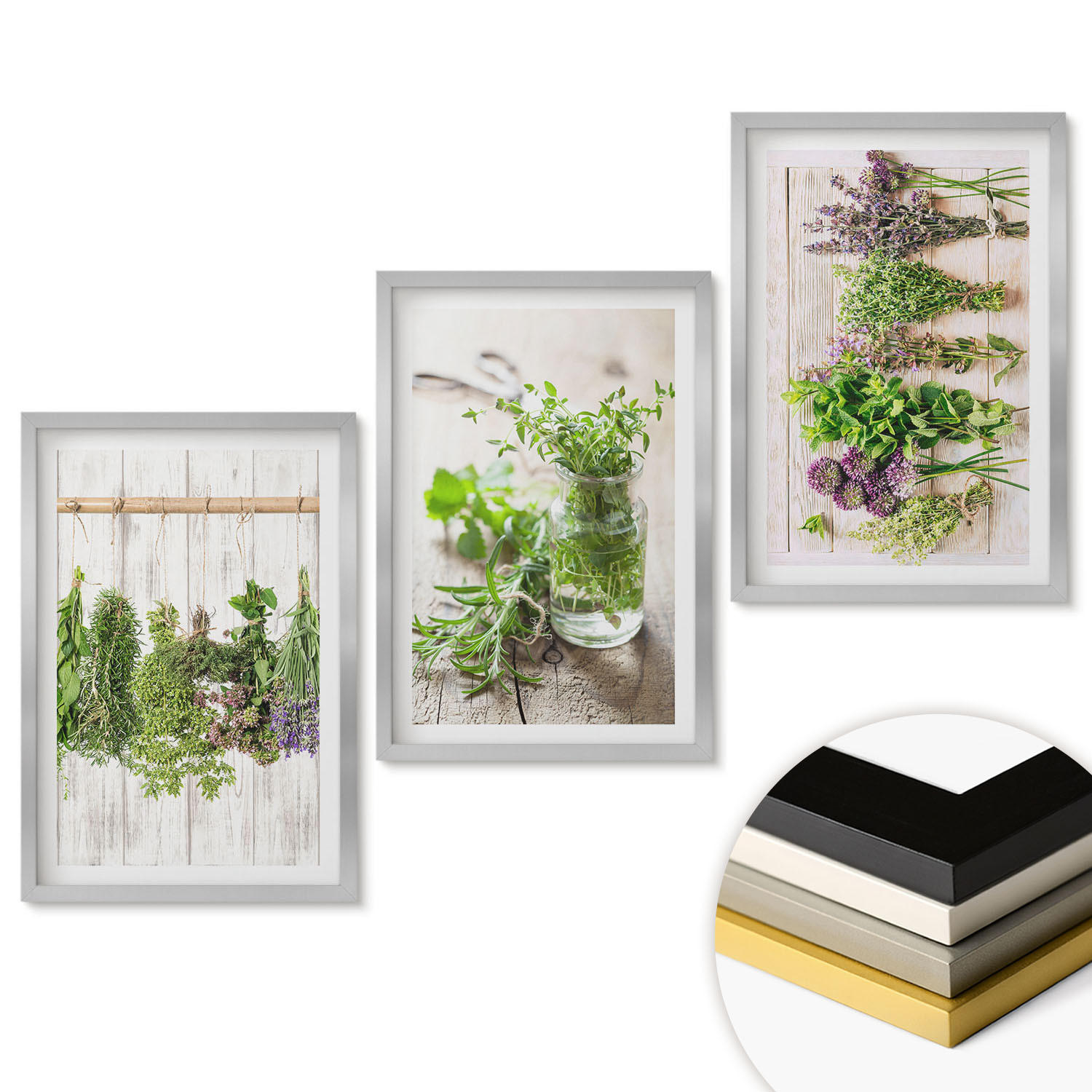 WANDBILDER 3er Set - 40x60 cm Silberner Rahmen - Kräuterpflanzen für die Küche - Silberfarben, Kunststoff (40/60cm) - ArtPrintCave