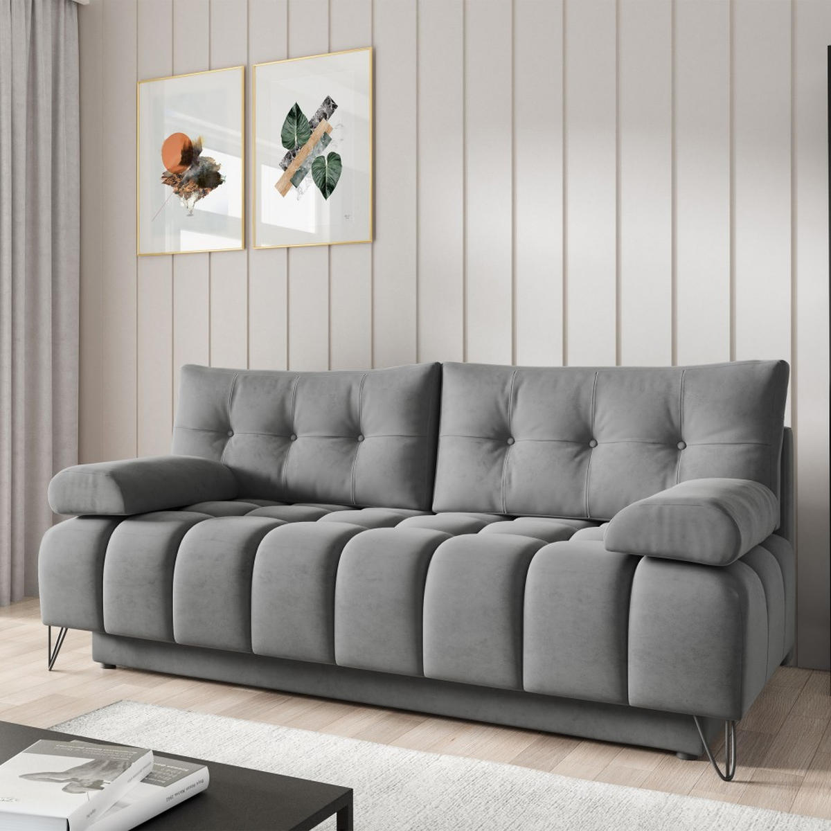 SCHLAFSOFA Bergen im Veloursstoff, Grau - Schwarz/Grau, Textil (197/93/100cm) - Beautysofa