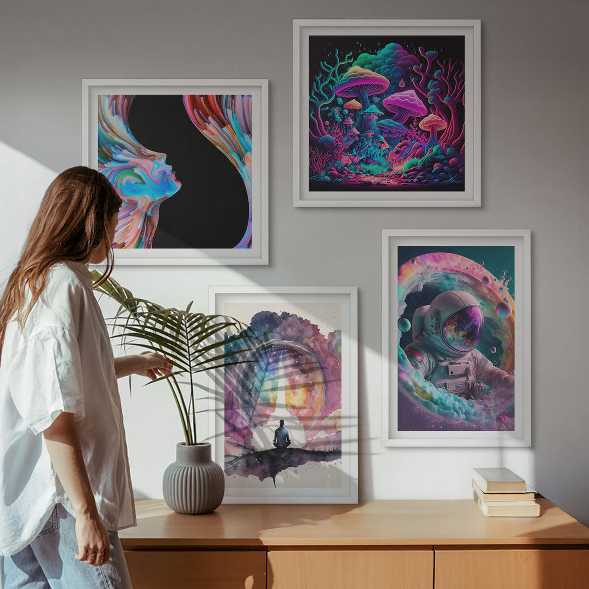 WANDBILDER 4er-Set - 50x50 cm & 40x60 cm Weißer Rahmen - Farbenfrohe Fantasy-Kunstillustrationen - Weiß, Kunststoff (50/50cm) - ArtPrintCave
