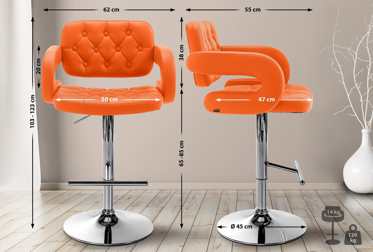 BARHOCKER Dublin 65-85 cm orange - Orange, Leder (62/103/55cm) - furnicato