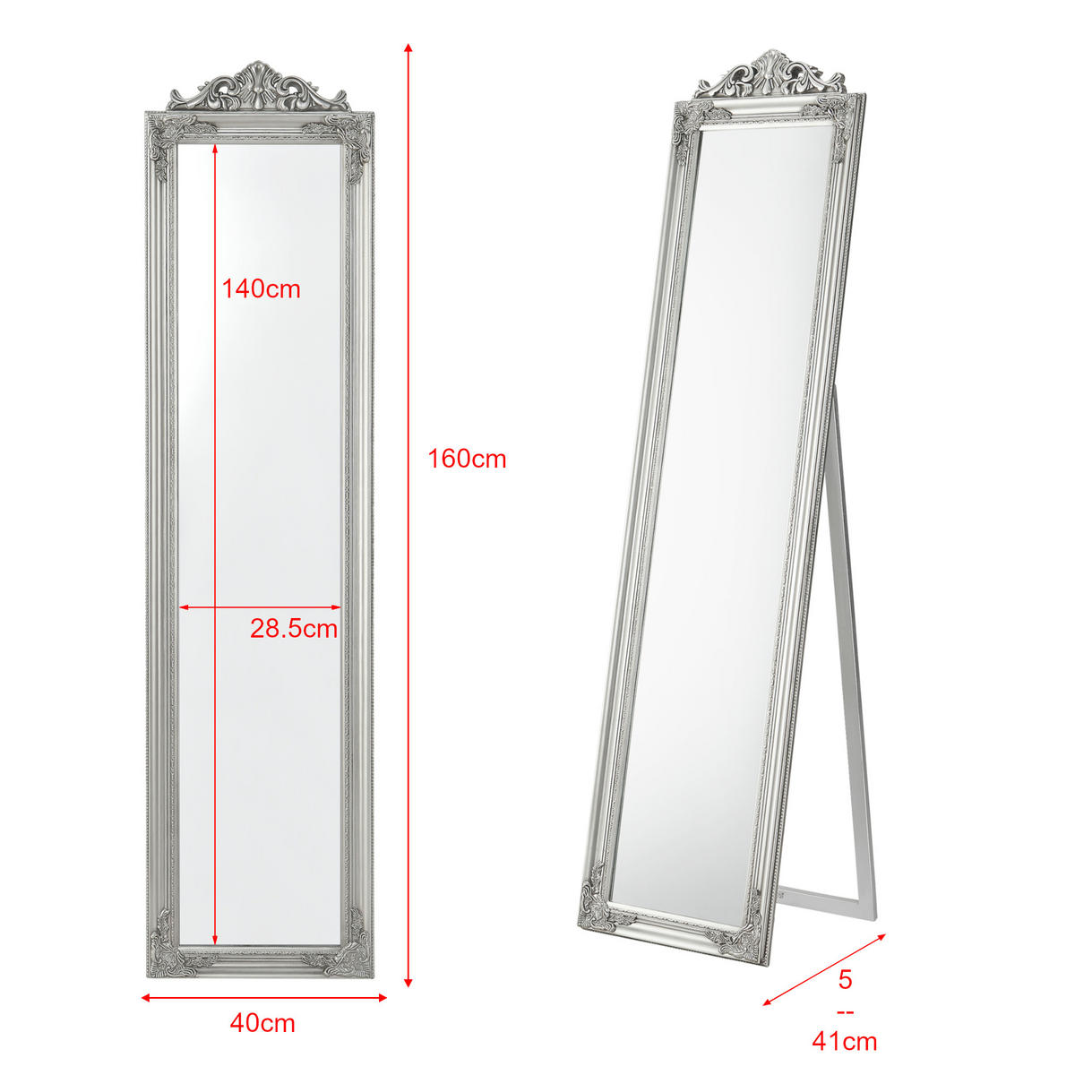 STANDSPIEGEL Arezzo - Silberfarben, Glas/Holz (28.5/160/140cm) - [en.casa]