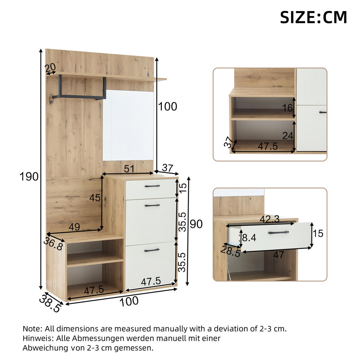 GARDEROBE 100/190/38,5 cm Weiß/Natur aus Spanplatte mit Spiegel und Klapptüren - Weiß, Holzwerkstoff (38.5/190/100cm) - OKMYHOME
