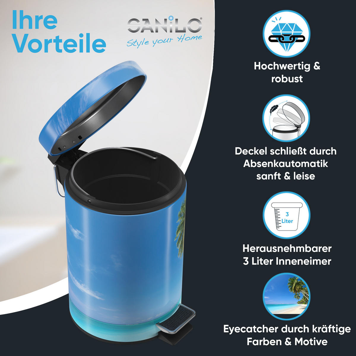 KOSMETIKEIMER Karibik - Türkis/Blau, Kunststoff/Metall (17/25/25cm) - Sanilo