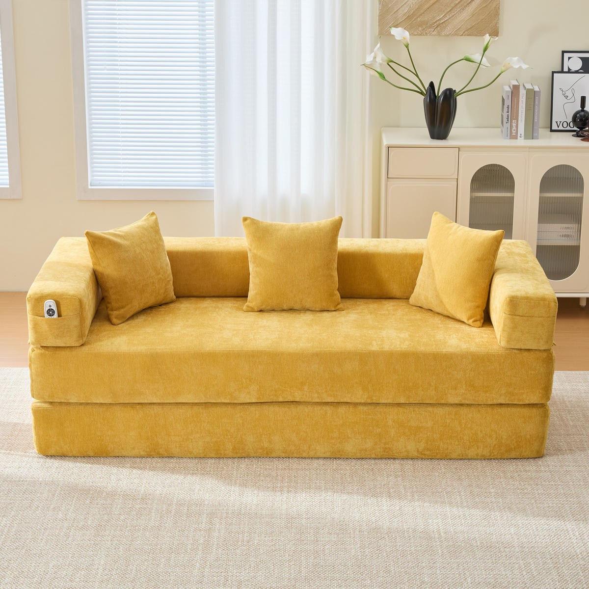 3-SITZER SOFA Chenille Senfgelb mit Seitentaschen und Anti-Rutsch-Unterseite - Gelb, Holzwerkstoff/Textil (198/60/79cm) - WISHDOR