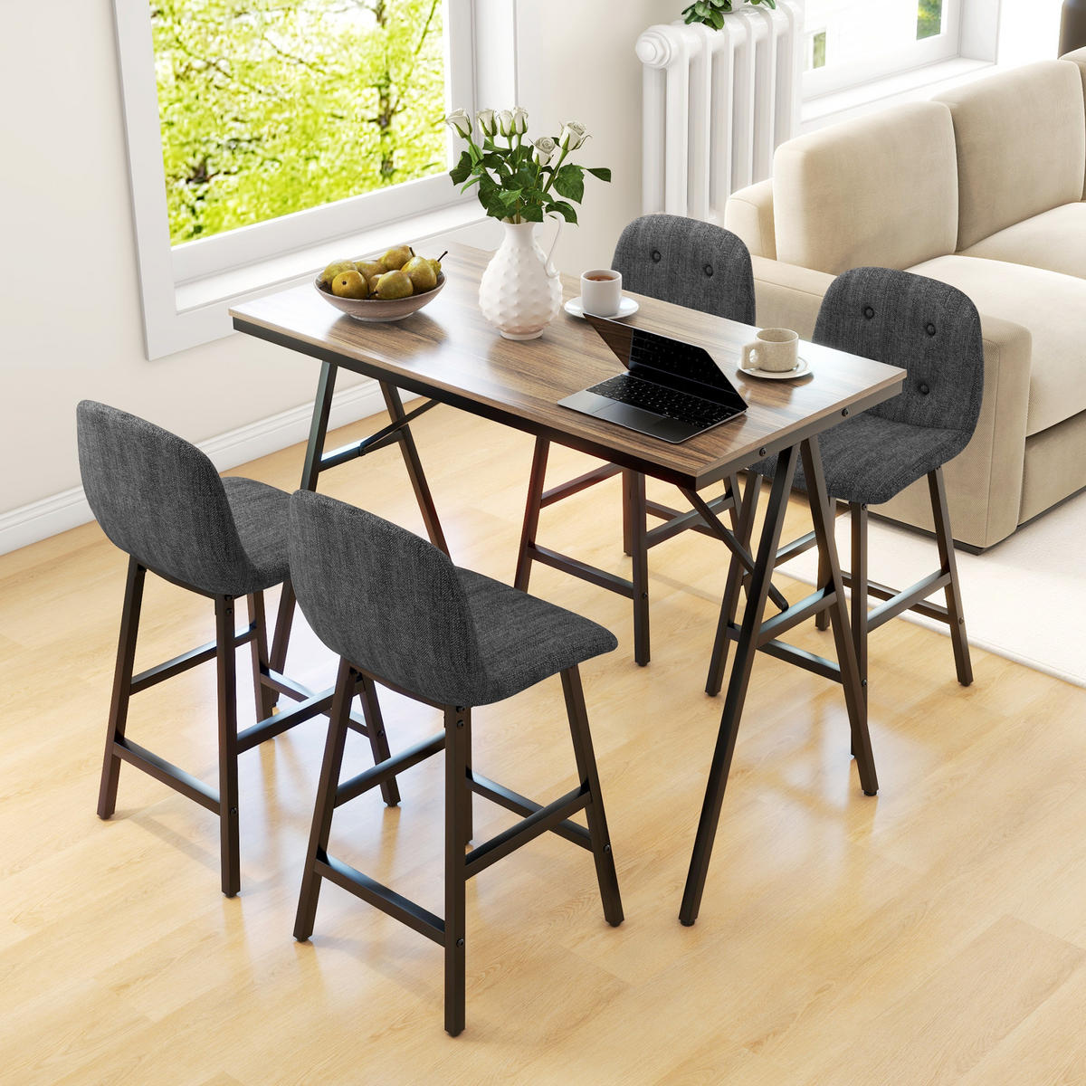 BARTISCH mit Barhocker Set, 5-teilig Essgruppe, Küchentisch, Bartisch Set, Braun - Dunkelgrau, Holzwerkstoff/Kunststoff (60/91/120cm) - HOMCOM