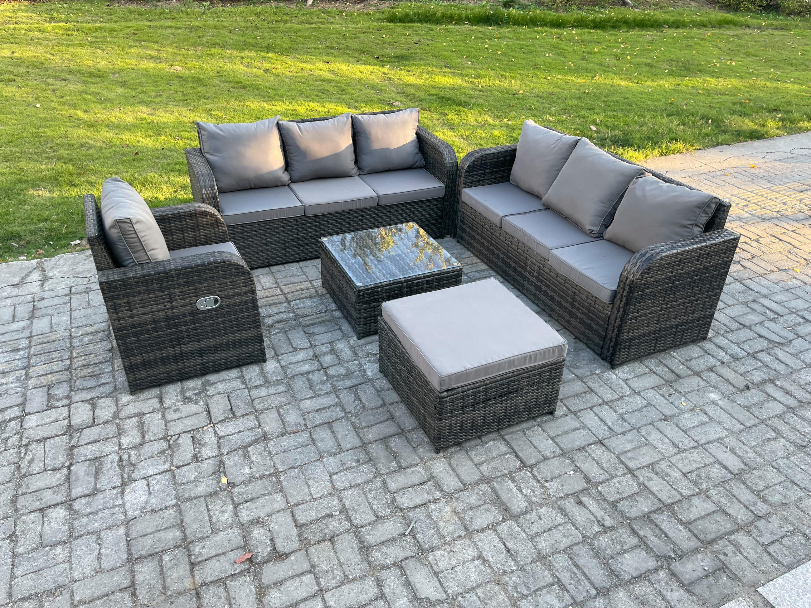 GARTENMÖBEL SET mit 3-SITZER SOFA Polyrattan Dunkelgrau 8-Sitzer - Dunkelgrau/Grau, Glas/Kunststoff - Fimous