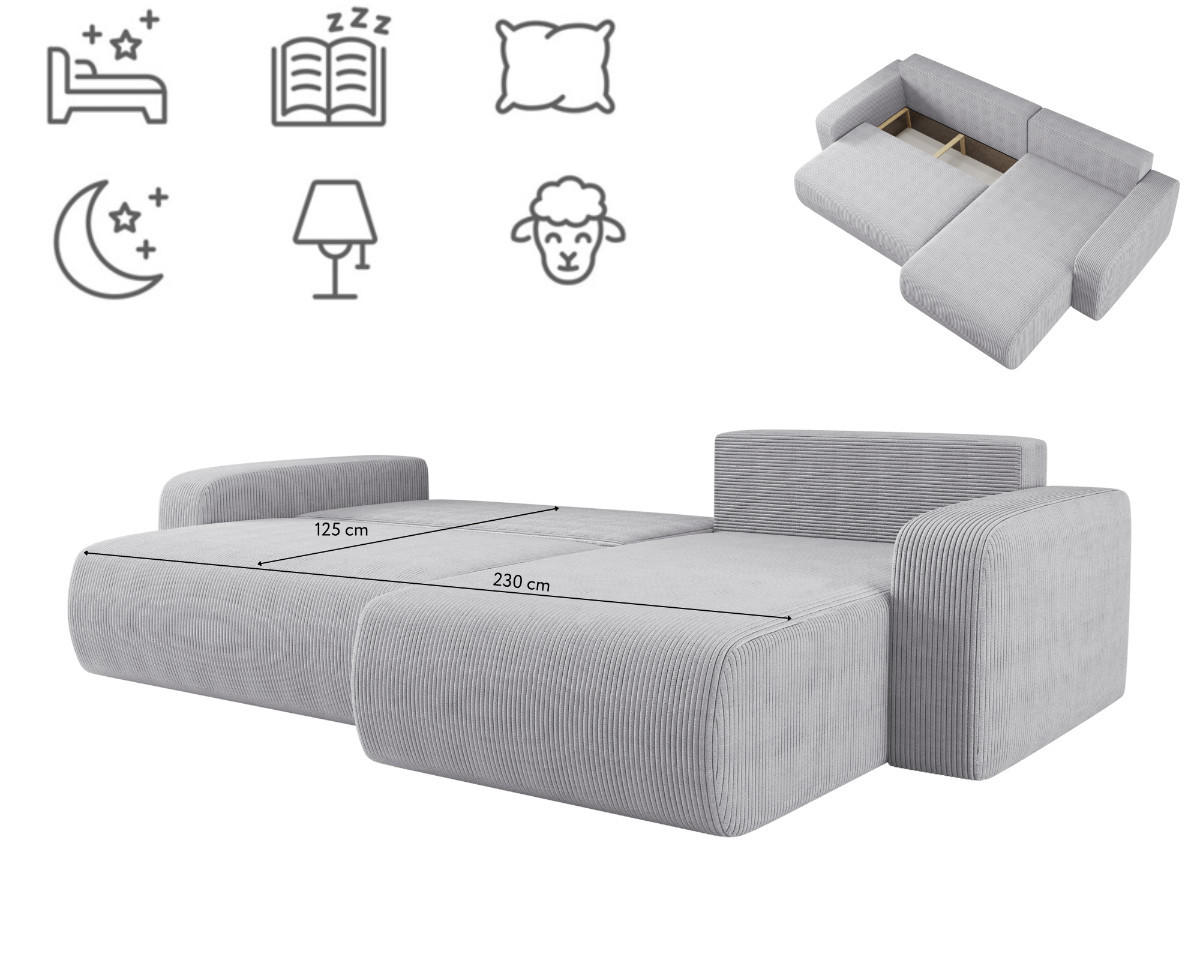 SCHLAFSOFA MILANO XL und bettkasten stoff Poso Dicker Cord Grau Rechts - Grau, Holz (274/82/145cm) - Kaiser Möbel