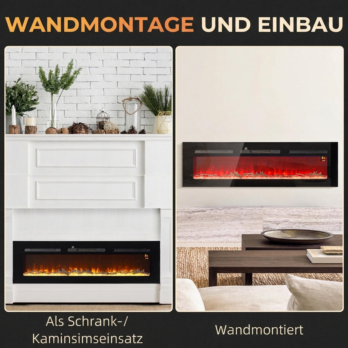 ELEKTROKAMIN Stahl Hartglas Schwarz - Schwarz, Metall (15.8/45/152.4cm) - HOMCOM