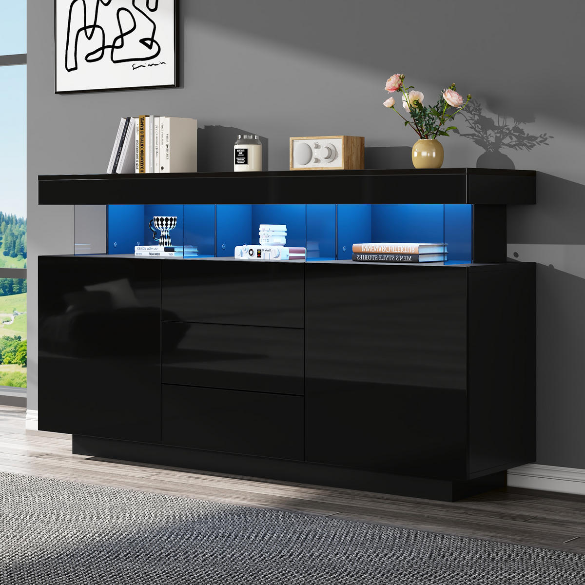 SIDEBOARD LED Schwarz Hochglanz Acryl 140x35x80cm Kaffeebar - Schwarz, Holzwerkstoff (35/80/140cm) - FLIEKS