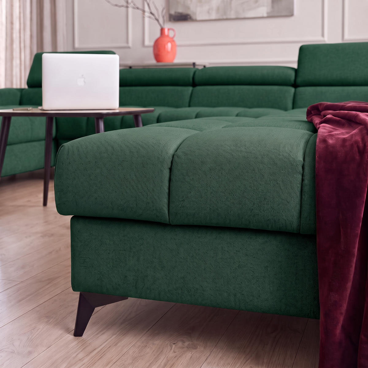 ECKSOFA PUDDING U Links mit Schlaffunktion 125x260 Velours Grün - Schwarz/Grün, Holz/Textil (203/350cm) - Muffo
