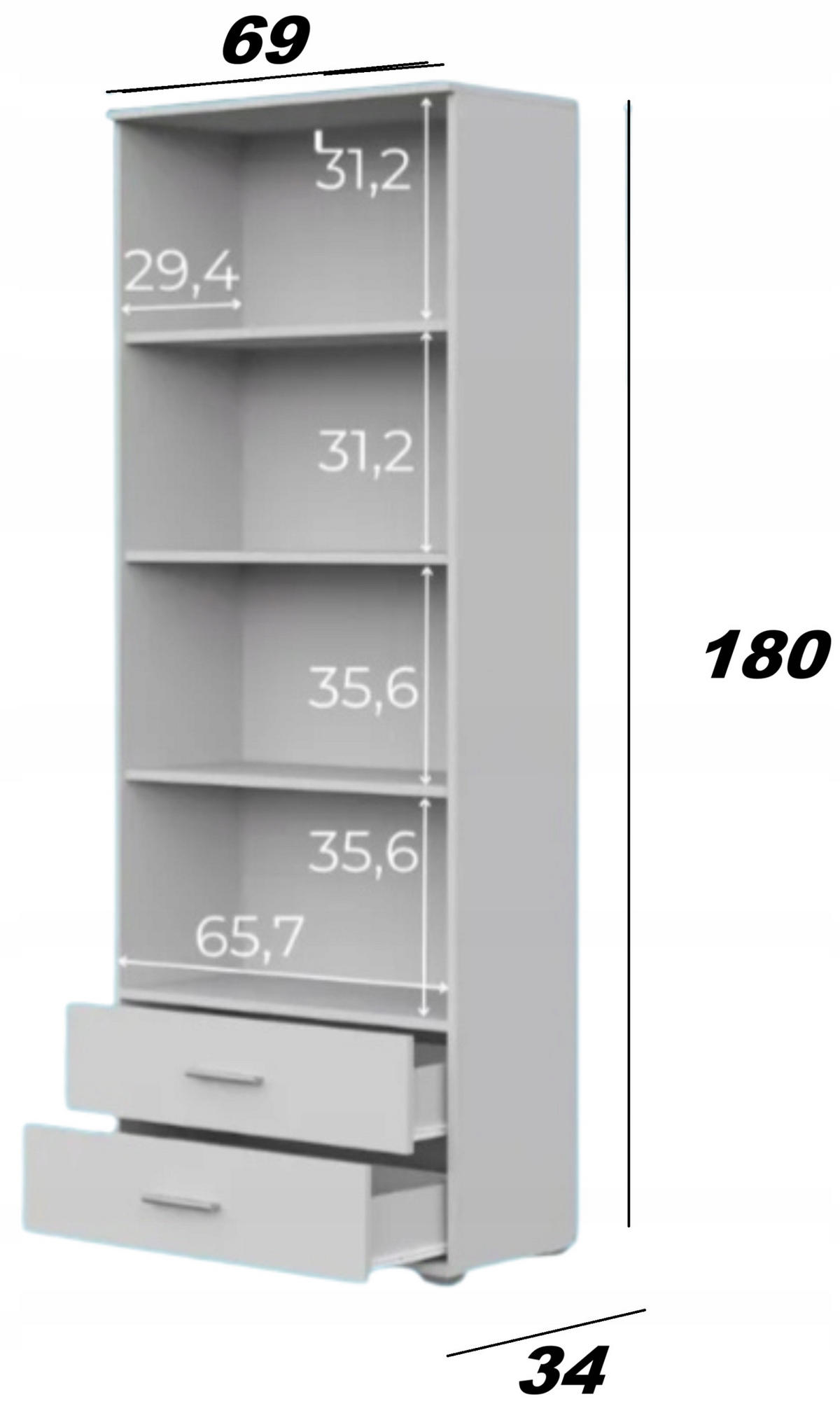 BÜCHERREGAL CR3-ST4 Weiß 69/34/180 cm - Weiß, Holzwerkstoff (69/180/34cm)