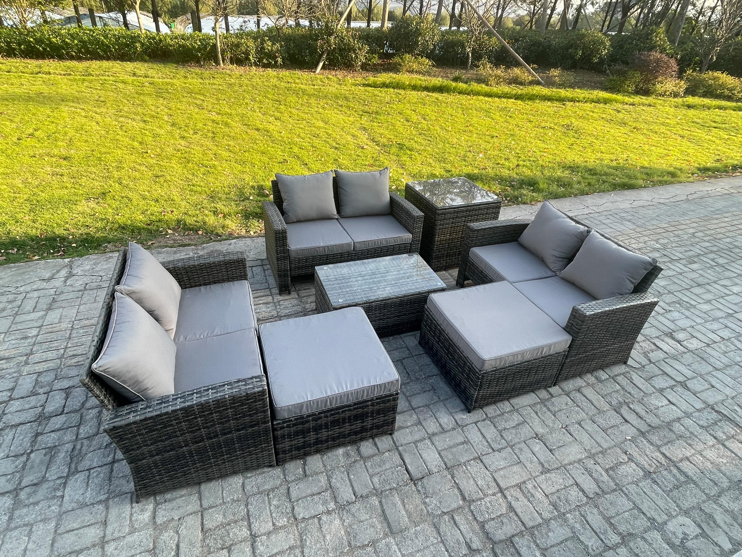 GARTENSOFA Hohe Rückenlehne Polyrattan Dunkelgrau 8-Sitzer - Dunkelgrau, Metall - Fimous
