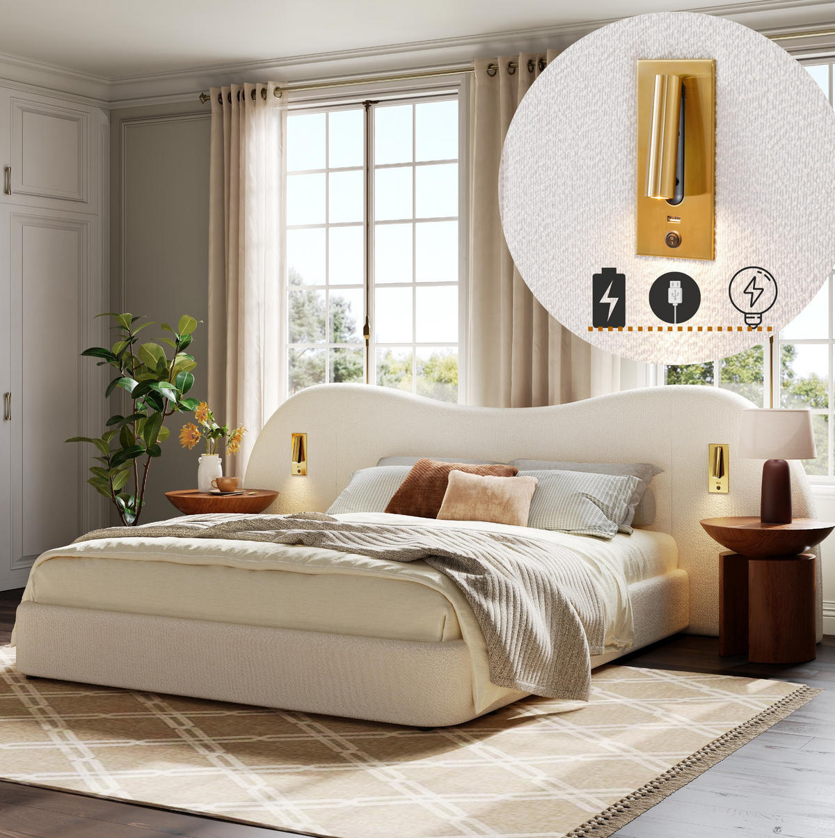 POLSTERBETT 180/200 cm mit Bettkasten, USB-Anschluss und Leselampen in Weiß - Weiß, Textil (180/200cm) - BEAOK