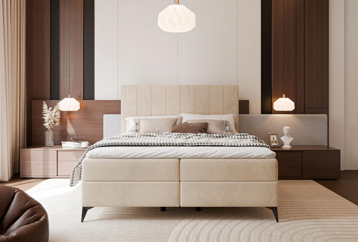 BOXBETT VERA 120x200 cm mit Matratze und Topper, Dichter wasserabweisender Samt Hellbeige - Beige, Textil (120/200cm) - Idohome