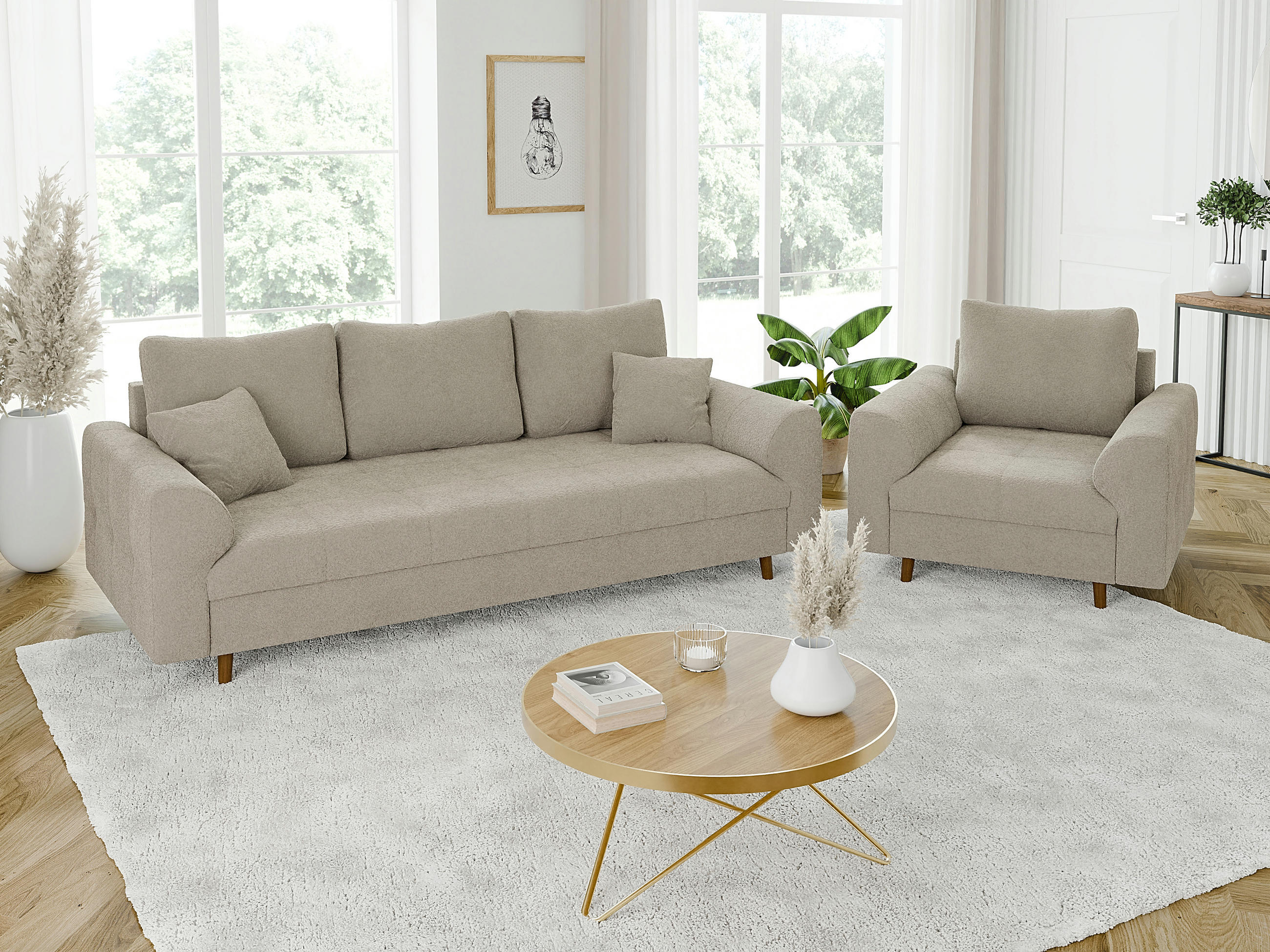 SITZGARNITUR 3+1 Henrik Beige Boucle - Beige/Braun, Holz/Textil (210/81/93cm) - S-Style Möbel