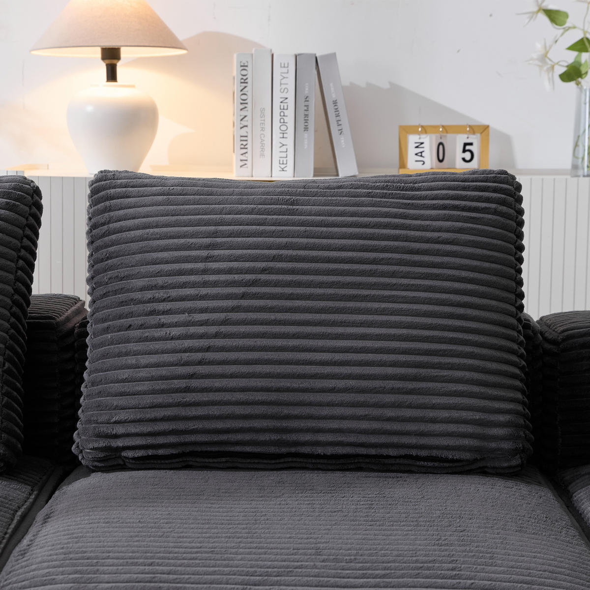 2-SITZER ECKSOFA Cord Dunkelgrau mit Kissen und Becherhalter - Dunkelgrau, Textil (265/176cm) - WISHDOR