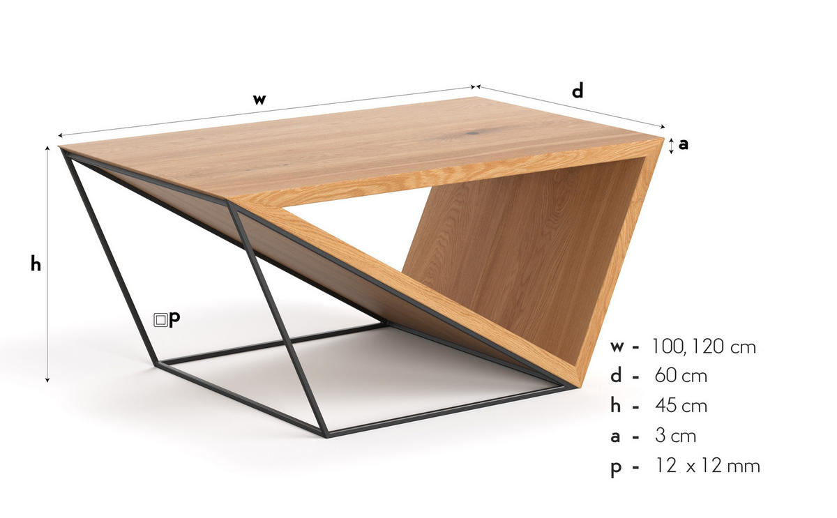 COUCHTISCH Void aus massivem Eichenholz 120 cm - Eichefarben/Schwarz, Holz/Metall (120/60/45cm) - Danzz