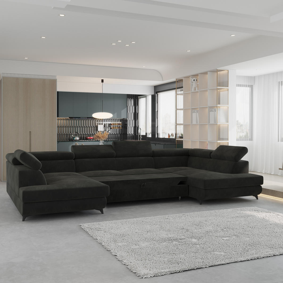 WOHNLANDSCHAFT VINTESSA Schwarz Velours-Stoff mit Schlaffunktion - Schwarz, Holz (323/89/190cm) - MASSENO