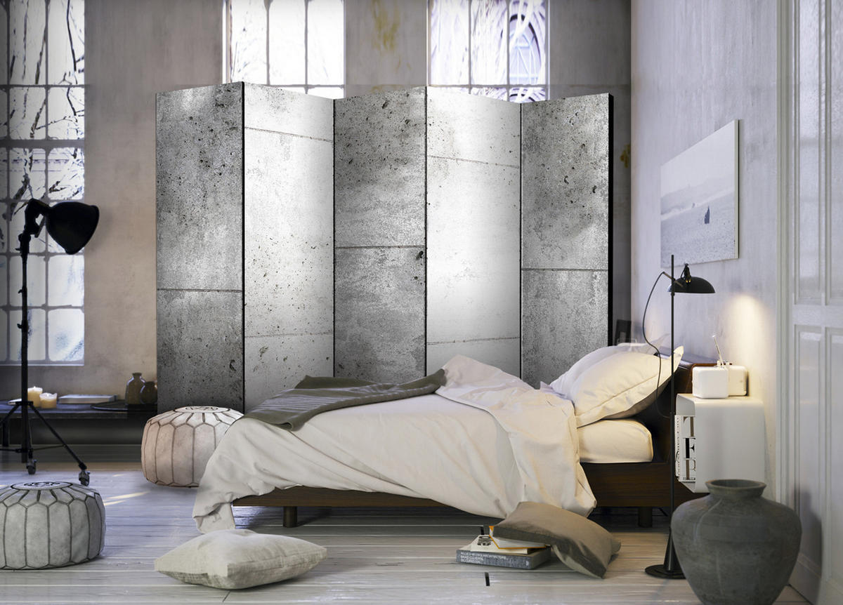 PARAVENT Beidseitig Bedruckter 5-tlg 225x172 cm Betonplatten - Grau, Holz/Textil (225/172/3cm) - Muralo