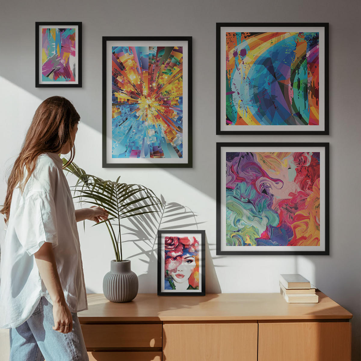 BILDER SET 5er Set - 50x50 cm & 20x30 cm & 40x60 cm Schwarzer Rahmen - Minimalistische Boho-Illustrationen - Schwarz, Kunststoff (40/60cm) - TULUP