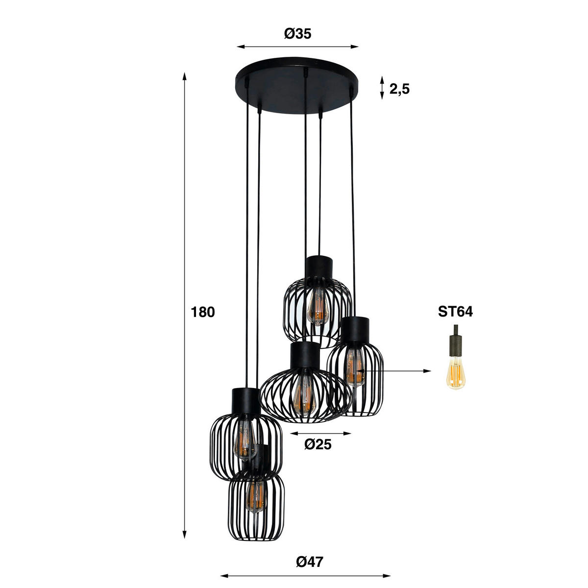HÄNGELEUCHTE Mix Schwarz 47/47/ 180 cm - Schwarz, Metall (47/47/180cm) - Hoyz Collection