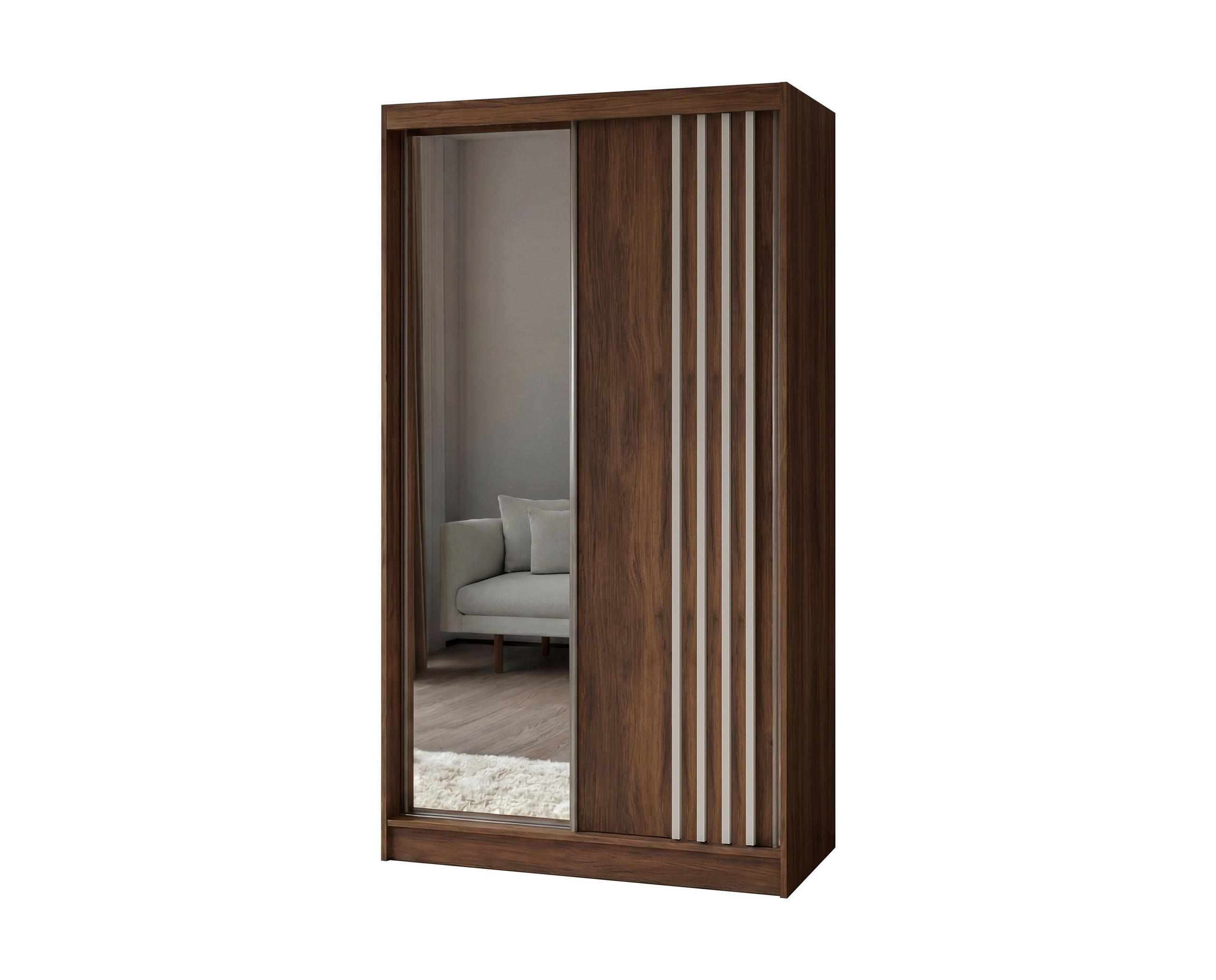 SCHWEBETÜRENSCHRANK NELVIA 120/216/61 cm Modern Kleiderschrank 2-türig mit Spiegel Nussbaumfarben - Nussbaumfarben, Holzwerkstoff (120/216/61cm) - MASSENO