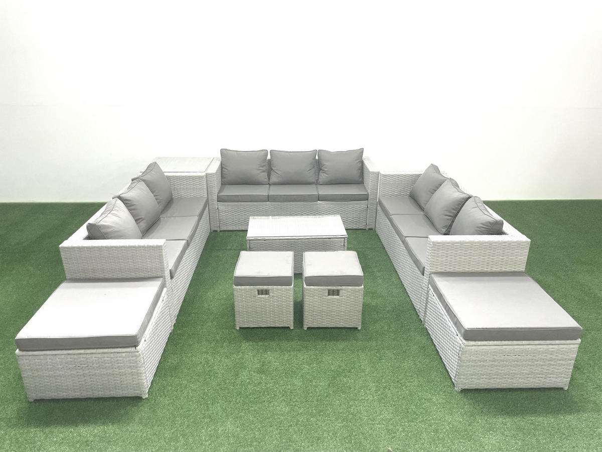 GARTENSET mit 3-SITZER SOFA,COUCHTISCH Polyrattan Hellgrau-Mix 13-Sitzer - Hellgrau/Grau, Glas/Kunststoff - Fimous