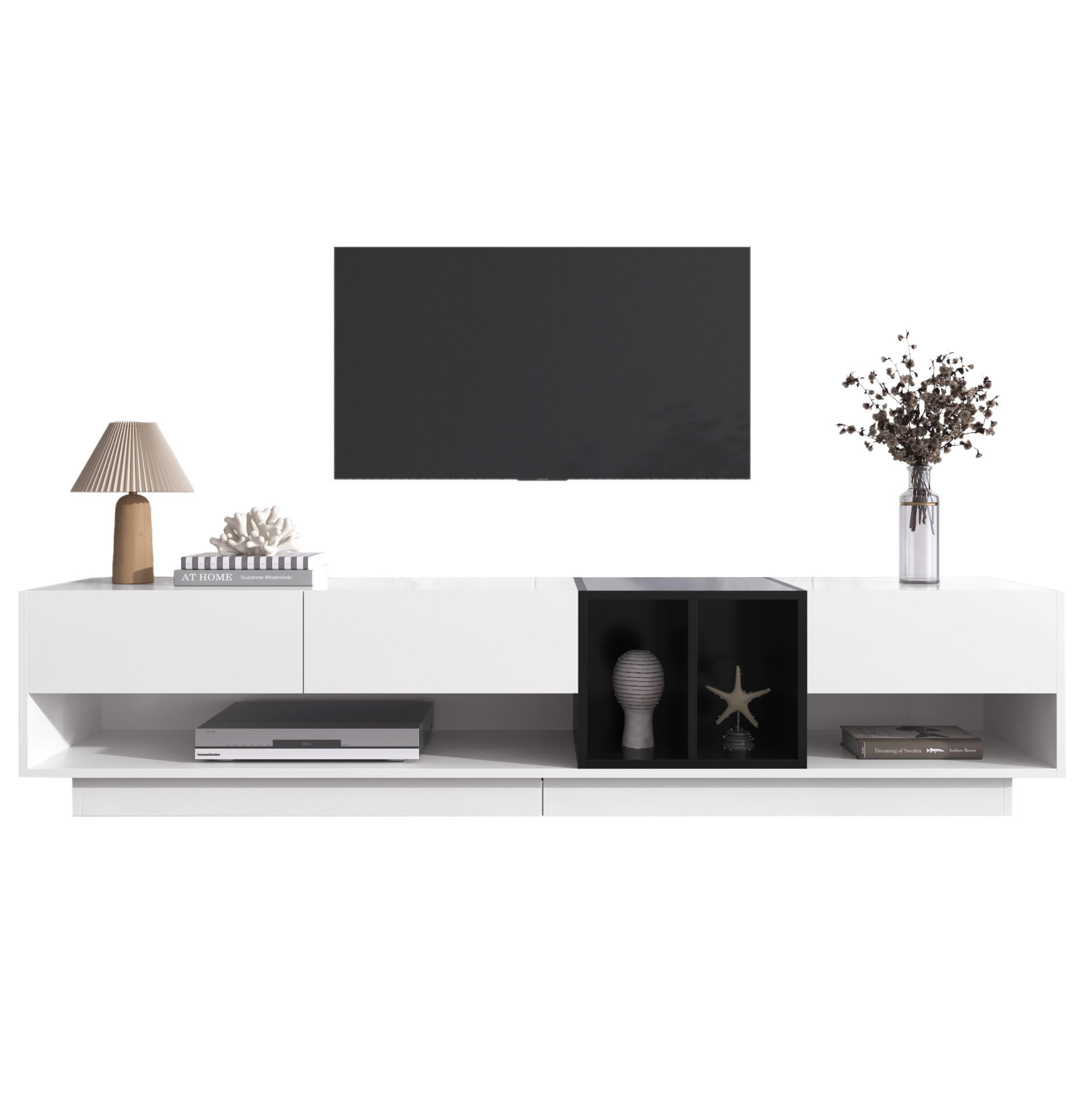 OKWISH TV stolek 190/40/42 cm bílá a černá z dřevotřísky s vysokým leskem a úložnými zásuvkami