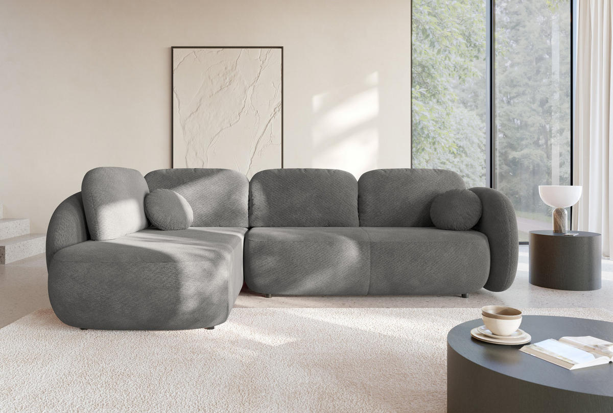 ECKSOFA AMICO II L-S Grau Geflochtener Stoff mit Schlaffunktion - Grau, Holz (289/190cm) - MASSENO