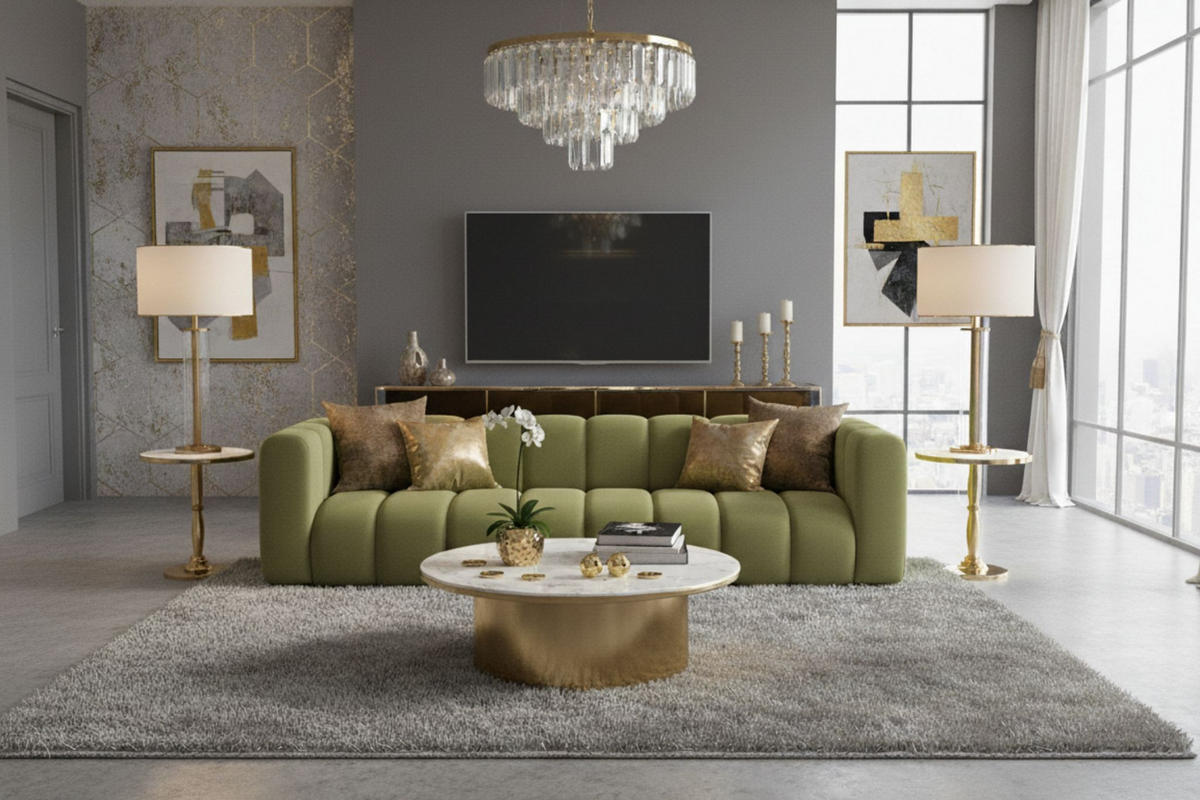 COUCH, Viersitzer-Sofa Grand, Veloursstoff Salvador, Olive - Olivgrün, Holz (290/70/93cm) - Kaiser Möbel