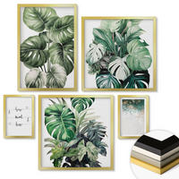 WANDBILDER 5er Set - 50x50 cm & 20x30 cm & 40x60 cm Goldrahmen - Aquarell-Monstera-Blätter - Goldfarben, Kunststoff (40/60cm) - ArtPrintCave