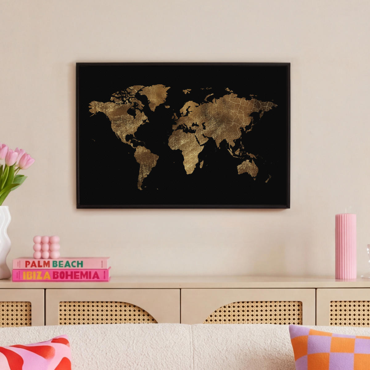 LEINWAND Bilder mit Rahmen - Weltkarte - Gold - Luxus - Erde - Schwarz - 60x40 - Goldfarben, Textil (60/40cm) - MuchoWow