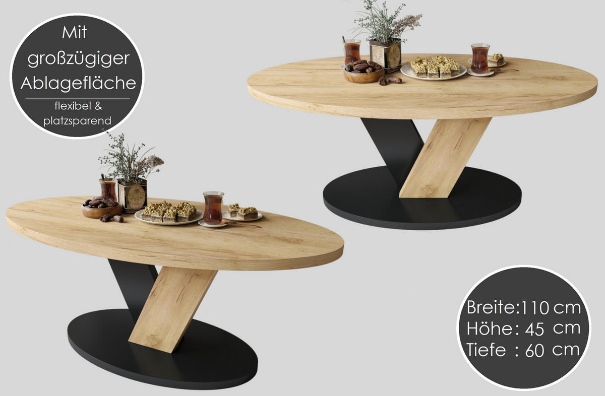 COUCHTISCH Oval Eiche Natur mit Ablage - Eichefarben, Holzwerkstoff (60/110/45cm) - designimpex