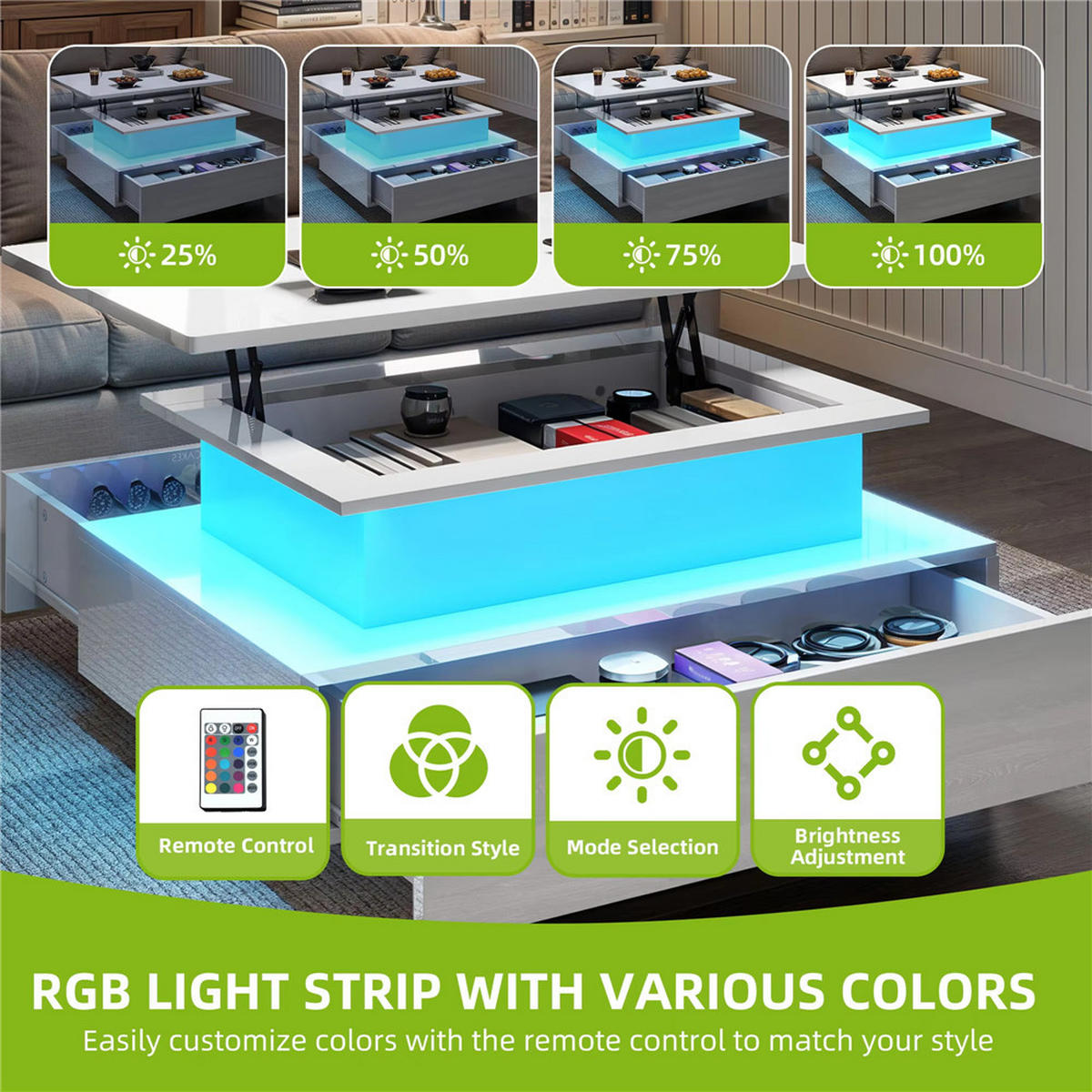 COUCHTISCH Lift-Top LED 16 Farben 2 Schubladen Weiß modern - Weiß, Holz (55/85/56cm) - Kaket